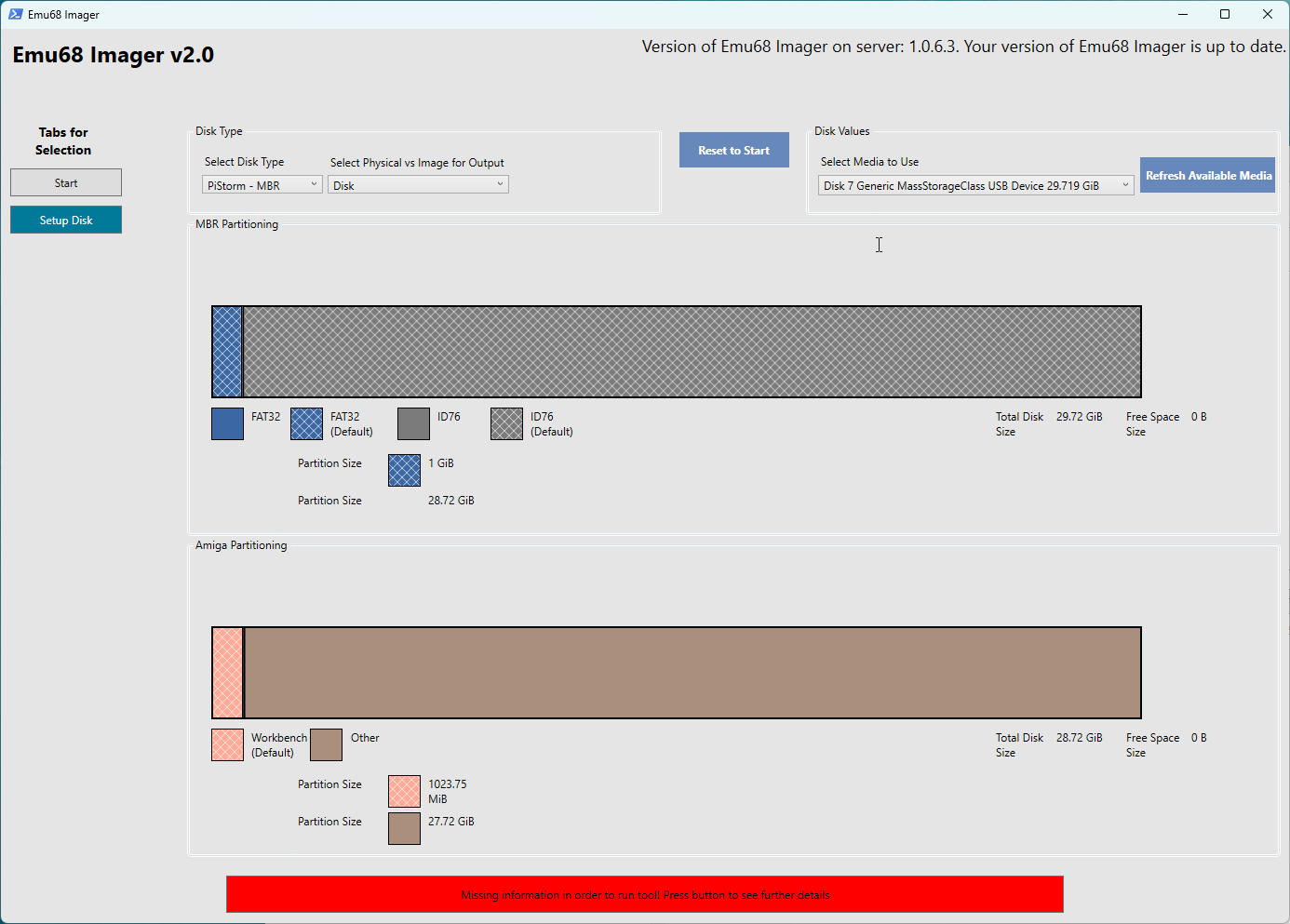 Emu68 Imager Setup Disk Screen